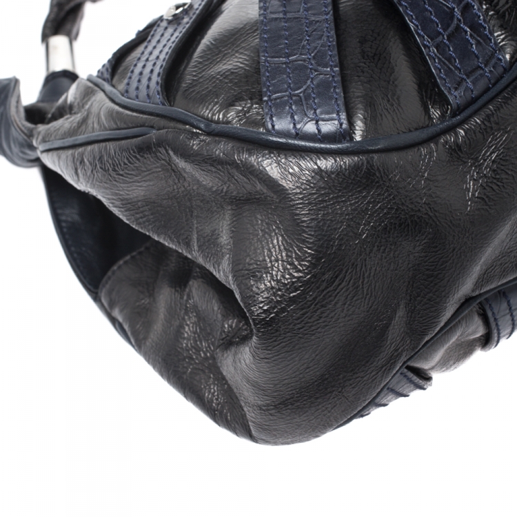 Pre Owned Versace Black/Navy Blue Leather Limited Edition Kiss Lock Satchel 