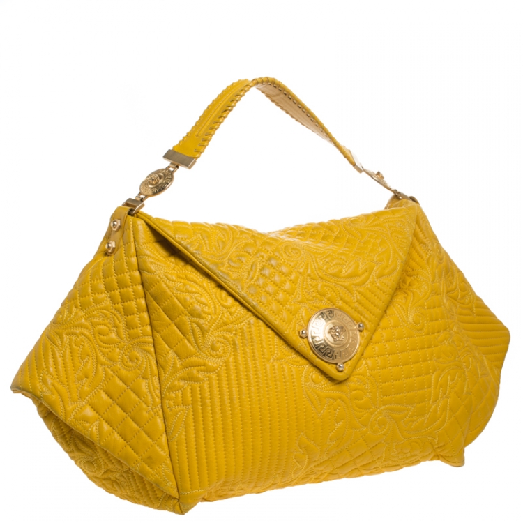 Pre Owned Versace Yellow Barocco Leather Medusa Flap Shoulder Bag 