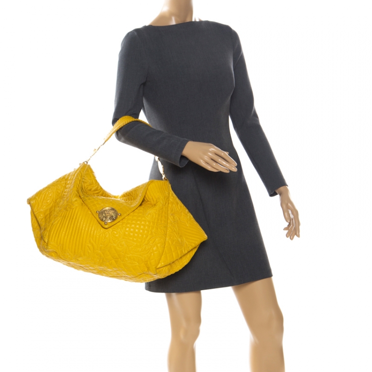 Pre Owned Versace Yellow Barocco Leather Medusa Flap Shoulder Bag 