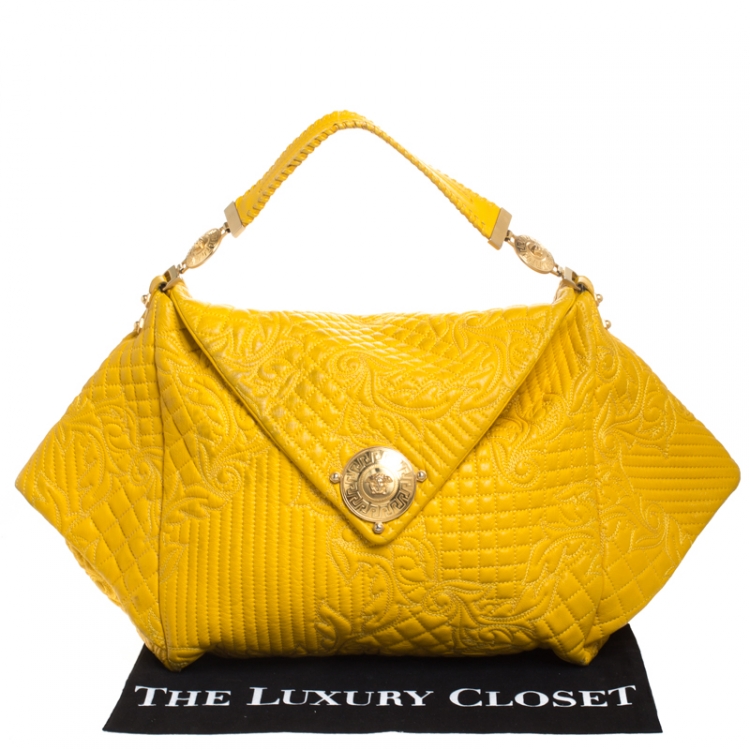 Pre Owned Versace Yellow Barocco Leather Medusa Flap Shoulder Bag 