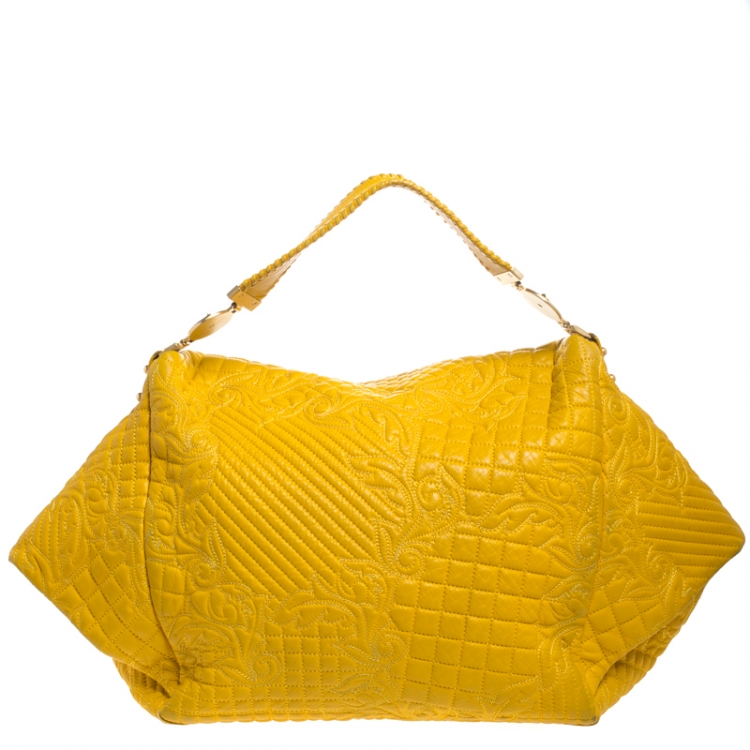 Pre Owned Versace Yellow Barocco Leather Medusa Flap Shoulder Bag 