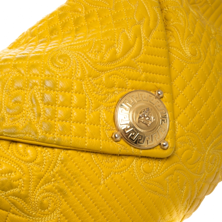 Pre Owned Versace Yellow Barocco Leather Medusa Flap Shoulder Bag 