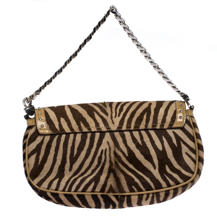 Pre Owned Versace Brown Zebra Print Fur Small Flap Bag