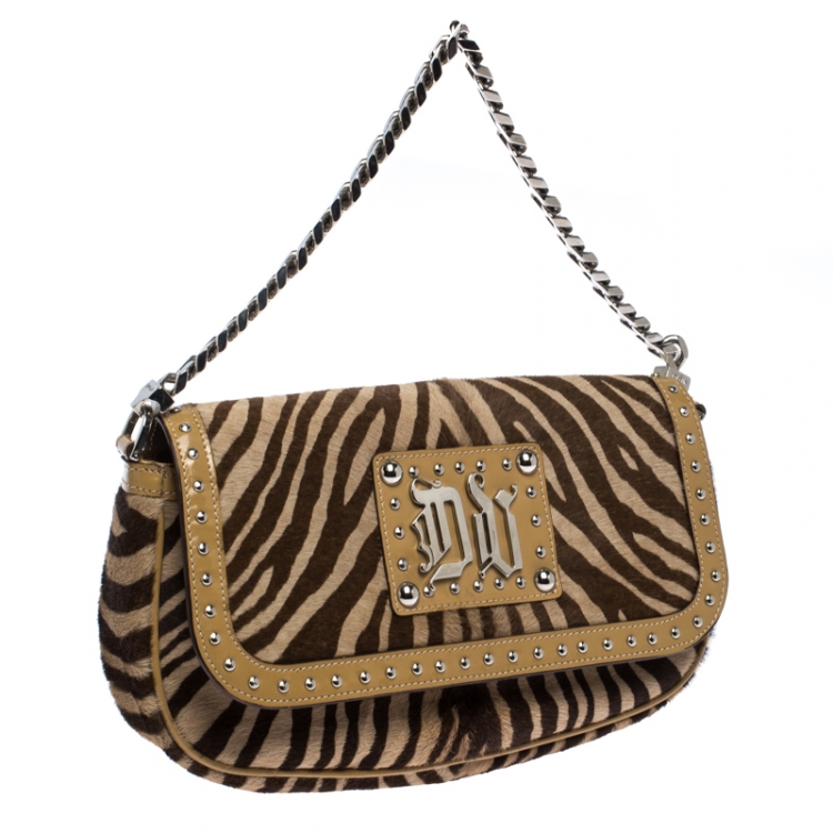 Pre Owned Versace Brown Zebra Print Fur Small Flap Bag