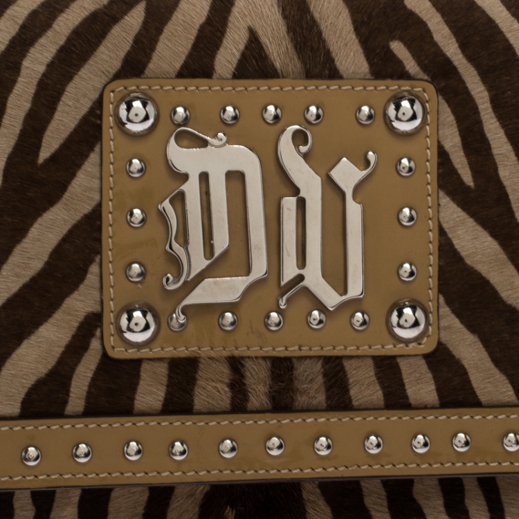 Pre Owned Versace Brown Zebra Print Fur Small Flap Bag