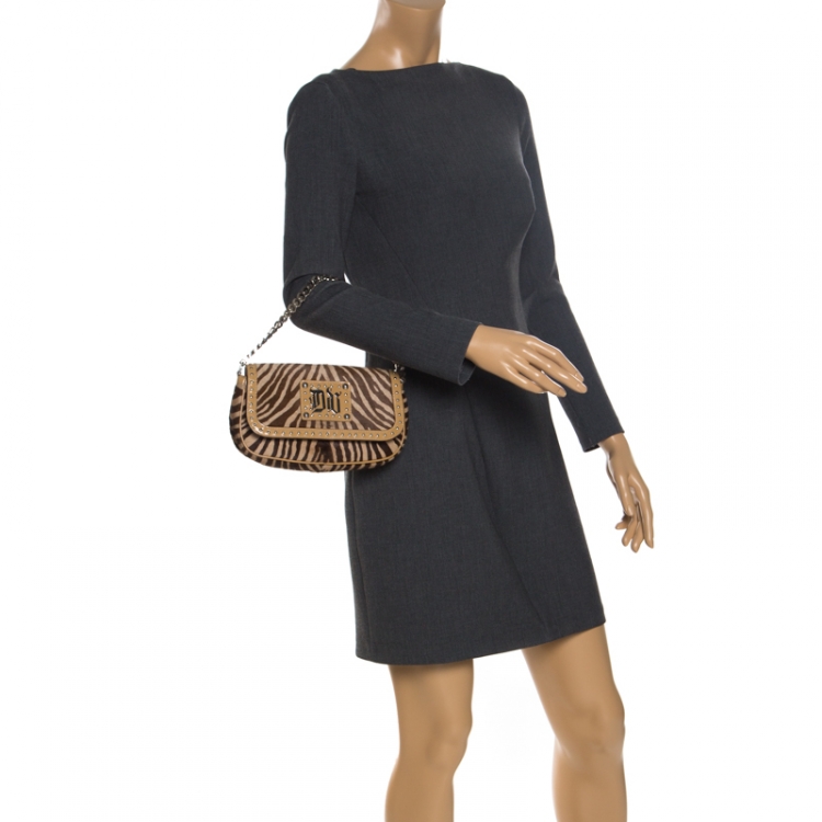 Pre Owned Versace Brown Zebra Print Fur Small Flap Bag