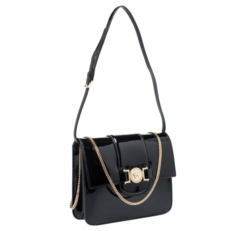 Pre Owned Versace Black Patent Leather Young Medusa Chain Shoulder Bag