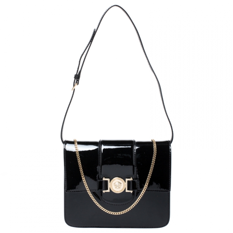 Pre Owned Versace Black Patent Leather Young Medusa Chain Shoulder Bag