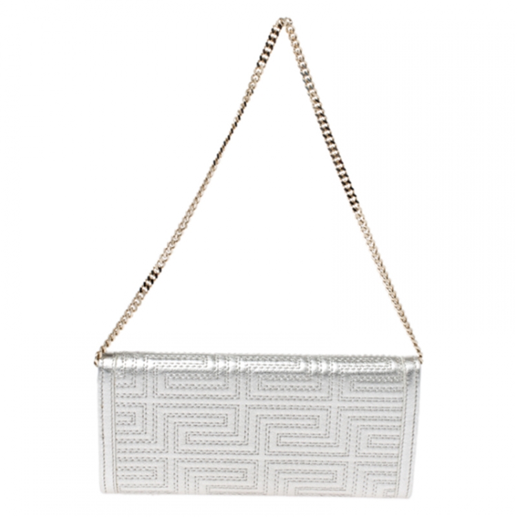 Pre Owned Versace Metallic White Quilted Leather Flap Chain Clutch