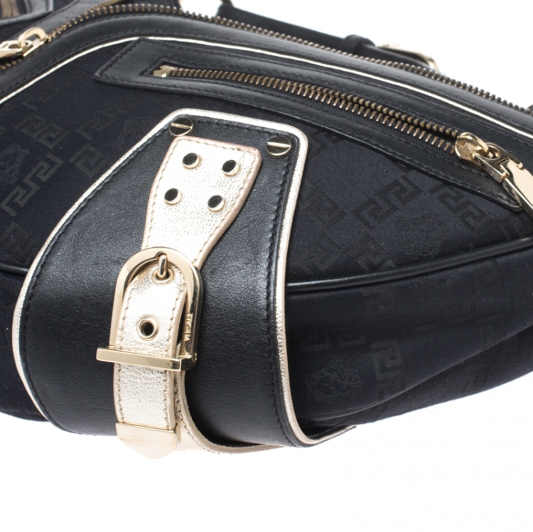Pre Owned Versace Black/Gold Leather Biker Hobo
