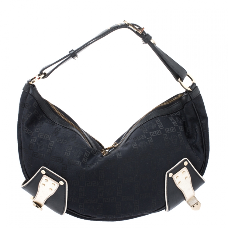 Pre Owned Versace Black/Gold Leather Biker Hobo