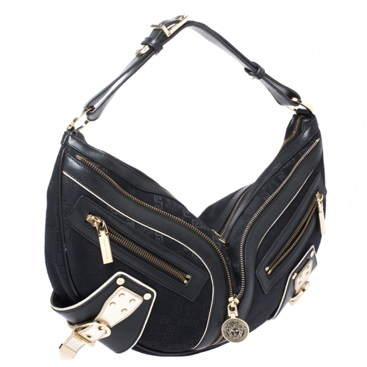 Pre Owned Versace Black/Gold Leather Biker Hobo