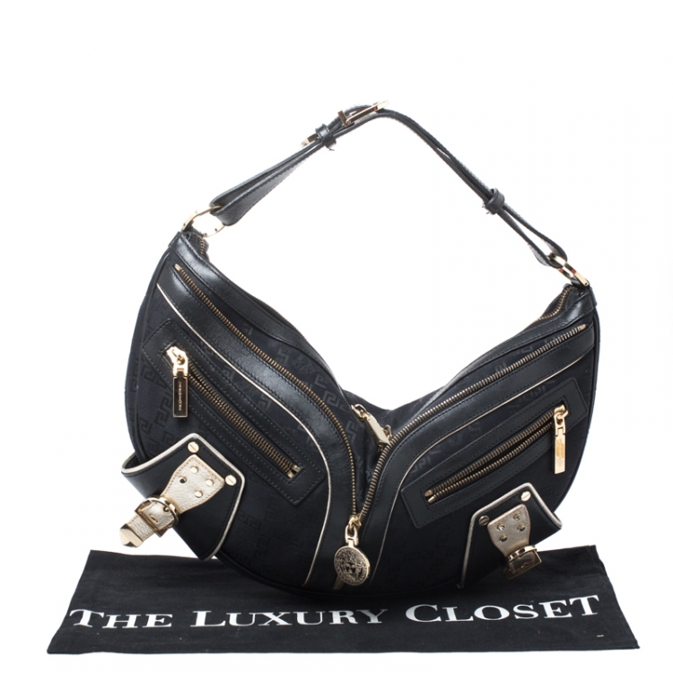 Pre Owned Versace Black/Gold Leather Biker Hobo