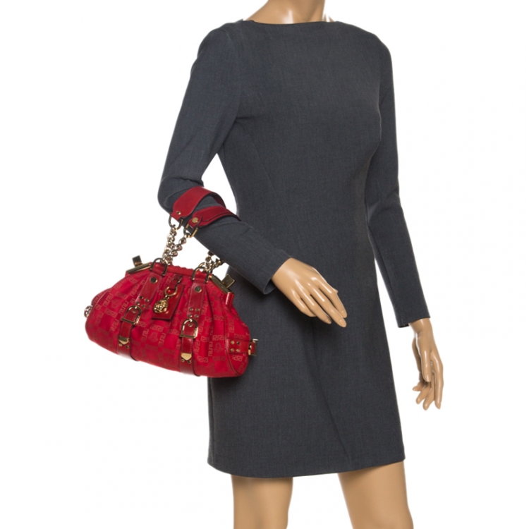 Pre Owned Versace Red Fabric Madonna Boston Bag