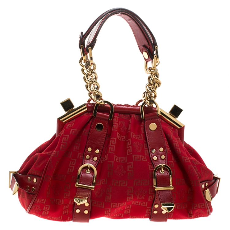 Pre Owned Versace Red Fabric Madonna Boston Bag