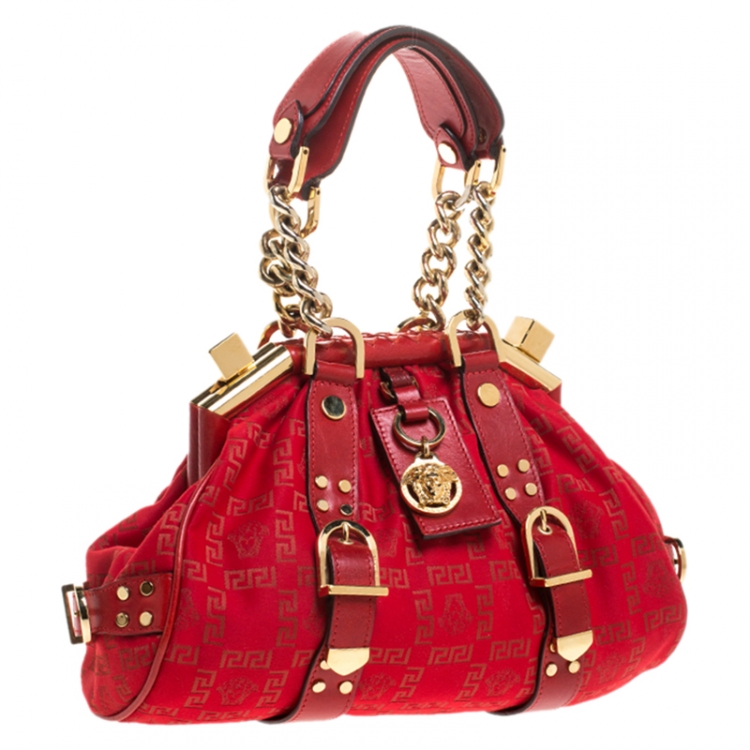 Pre Owned Versace Red Fabric Madonna Boston Bag