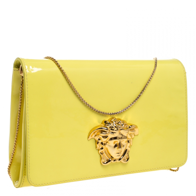 Pre Owned Versace Neon Yellow Patent Leather Medusa Chain Clutch