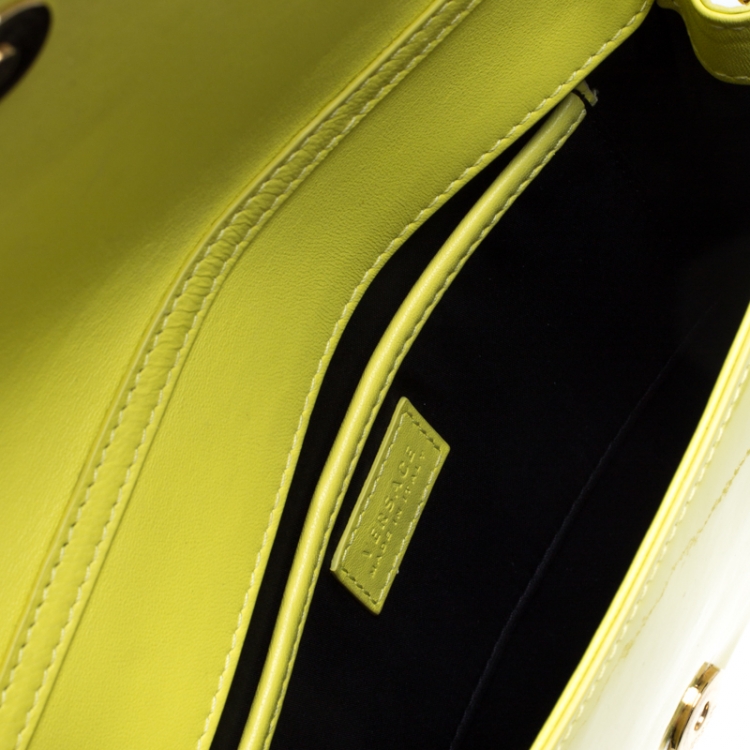 Pre Owned Versace Neon Yellow Patent Leather Medusa Chain Clutch
