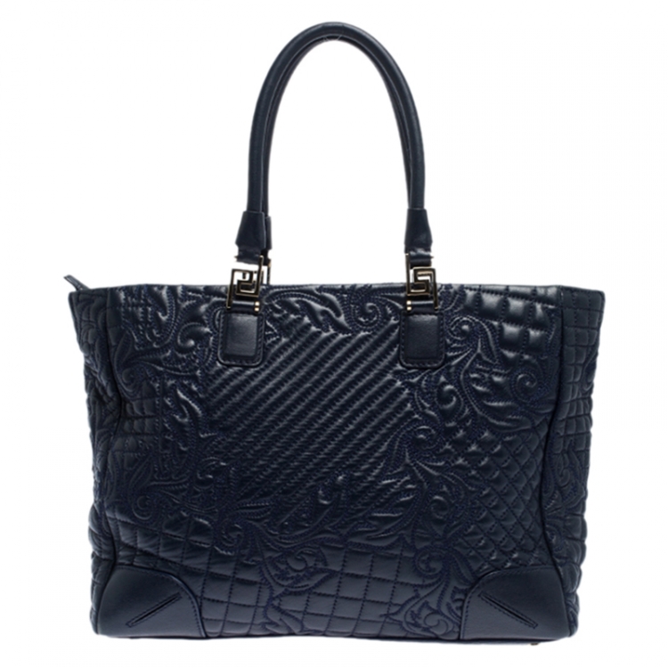 Pre Owned  Versace Navy Blue Quilted Leather Elettra Vanitas Tote