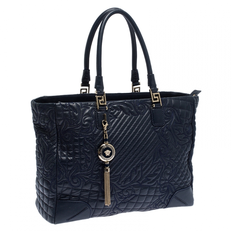 Pre Owned  Versace Navy Blue Quilted Leather Elettra Vanitas Tote