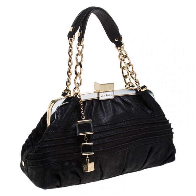 Pre Owned Versace Black Leather Frame Satchel