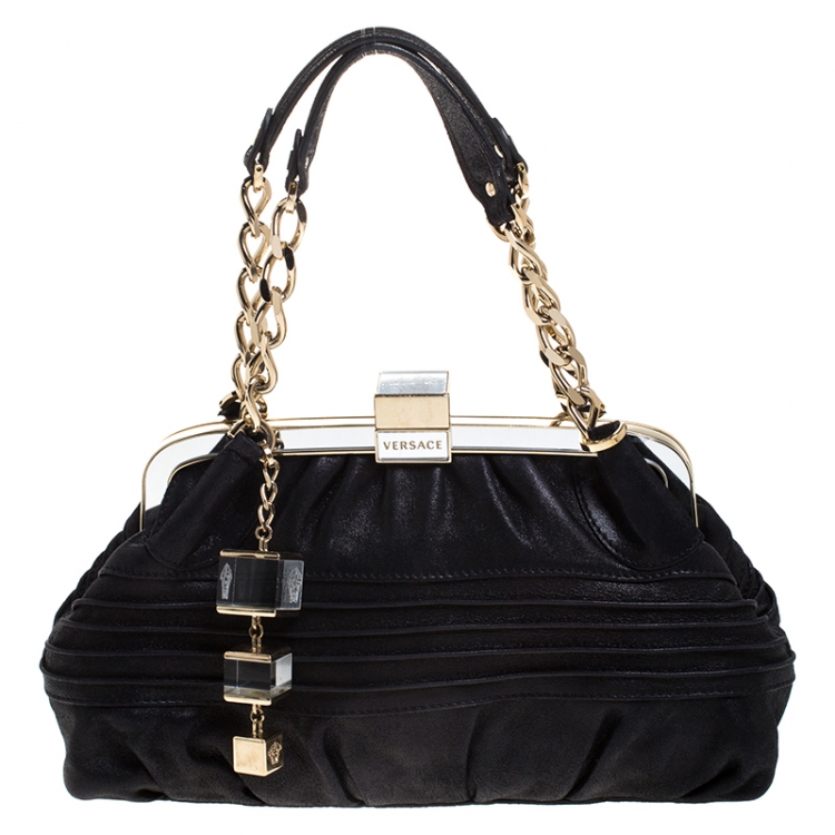 Pre Owned Versace Black Leather Frame Satchel