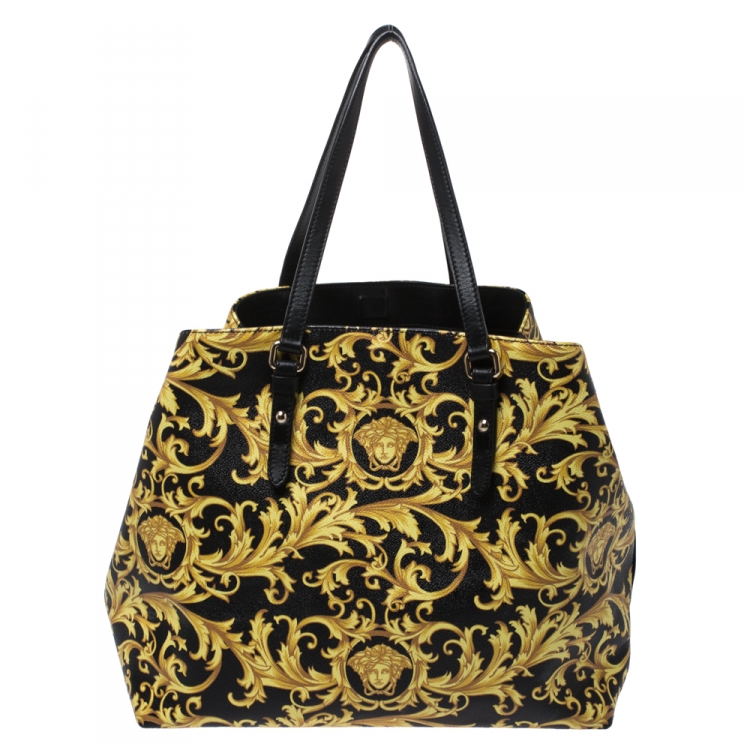 Pre Owned Versace Black/Yellow Borocco Print Coated Canvas Tote
