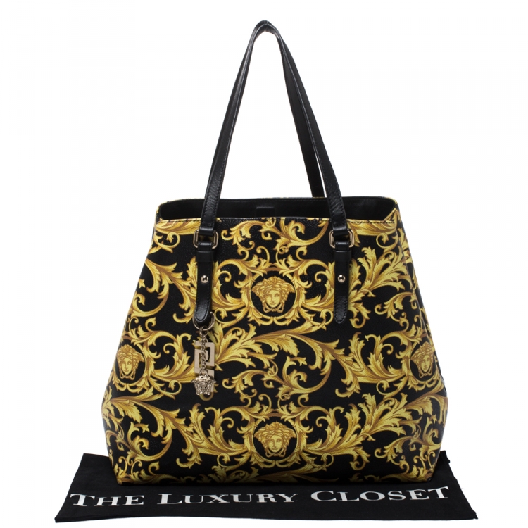 Pre Owned Versace Black/Yellow Borocco Print Coated Canvas Tote