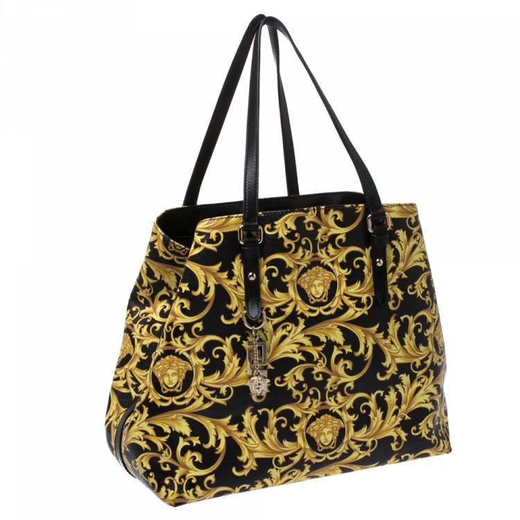 Pre Owned Versace Black/Yellow Borocco Print Coated Canvas Tote