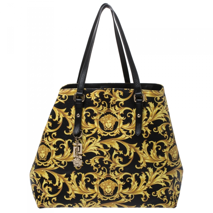 Pre Owned Versace Black/Yellow Borocco Print Coated Canvas Tote