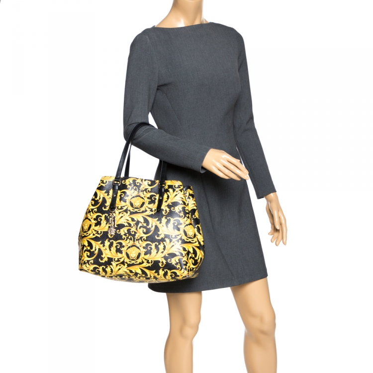 Pre Owned Versace Black/Yellow Borocco Print Coated Canvas Tote