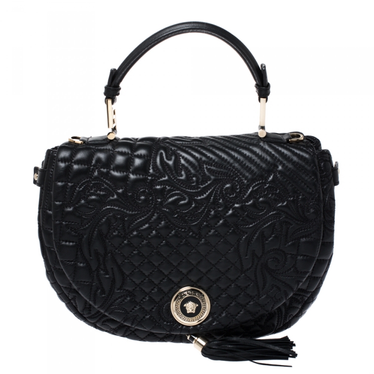 Pre Owned Versace Black Barocco Leather Altea Top Handle Bag