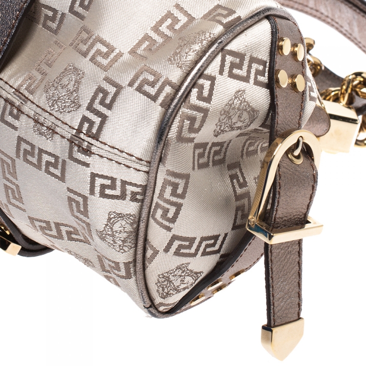 Pre Owned Versace Beige/Metallic Canvas and Leather Madonna Boston Bag