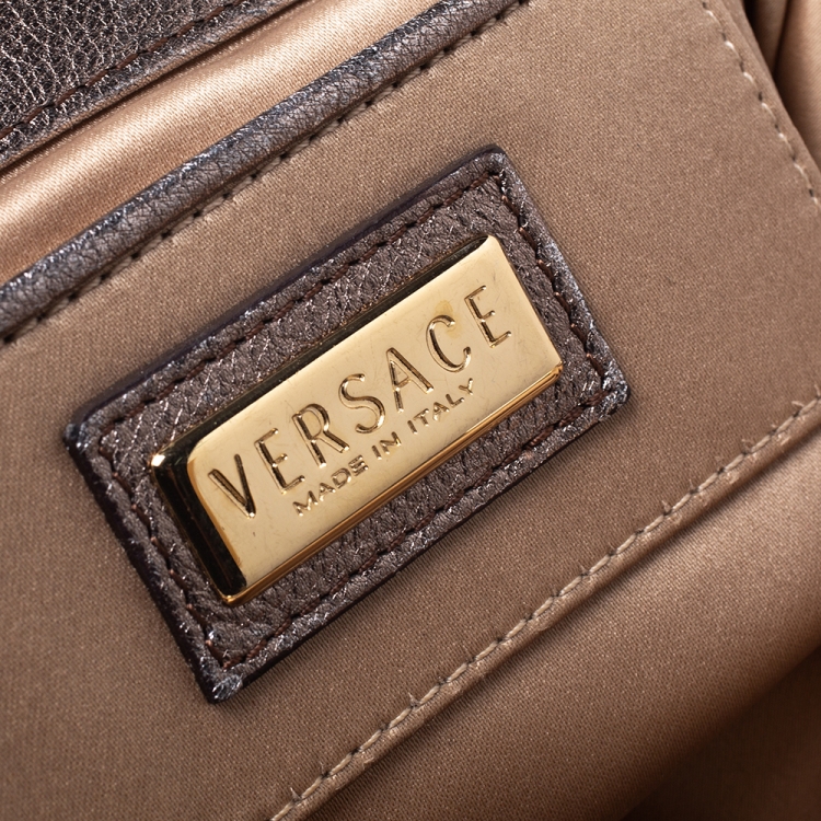 Pre Owned Versace Beige/Metallic Canvas and Leather Madonna Boston Bag