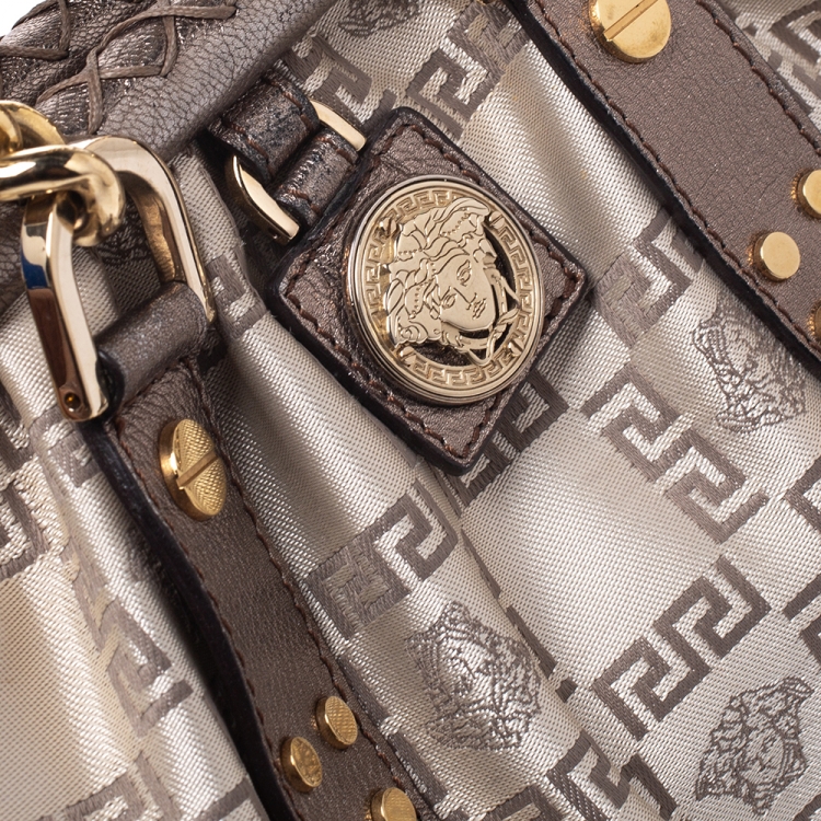 Pre Owned Versace Beige/Metallic Canvas and Leather Madonna Boston Bag