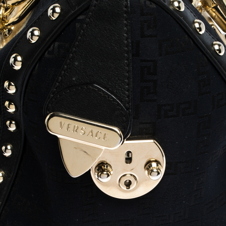 Pre Owned Versace Black/Gold Signature Fabric and Leather Studded Snap Out Of It Satchel 