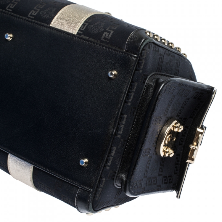 Pre Owned Versace Black/Gold Signature Fabric and Leather Studded Snap Out Of It Satchel 