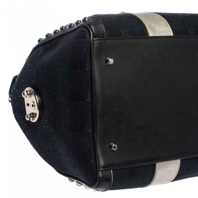 Pre Owned Versace Black/Gold Signature Fabric and Leather Studded Snap Out Of It Satchel 