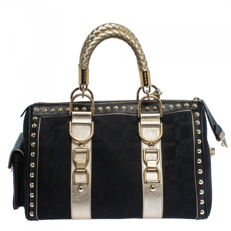 Pre Owned Versace Black/Gold Signature Fabric and Leather Studded Snap Out Of It Satchel 