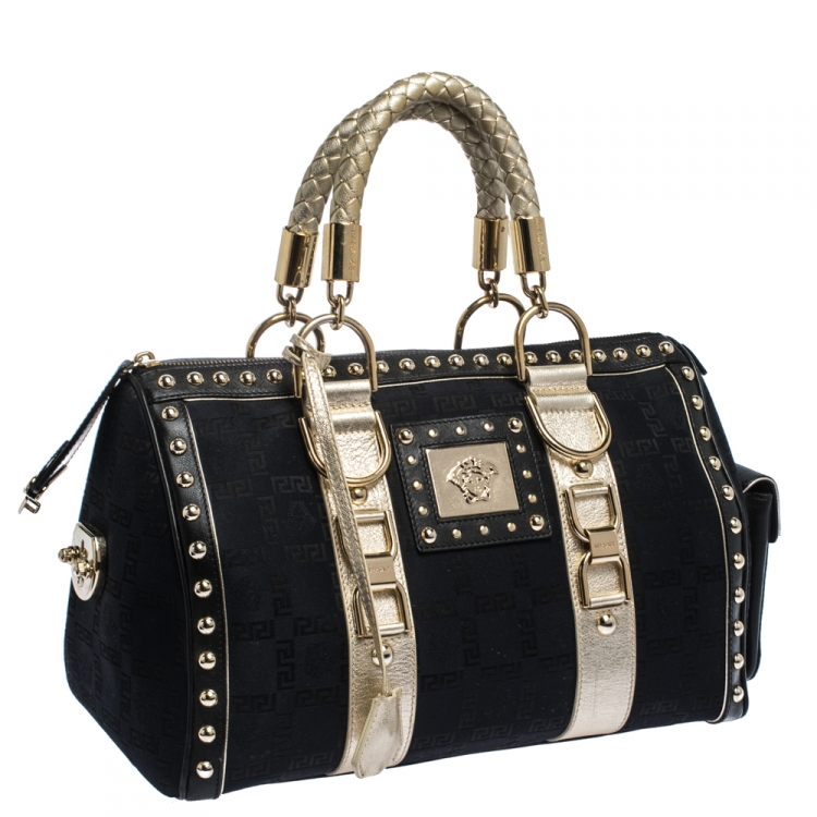 Pre Owned Versace Black/Gold Signature Fabric and Leather Studded Snap Out Of It Satchel 