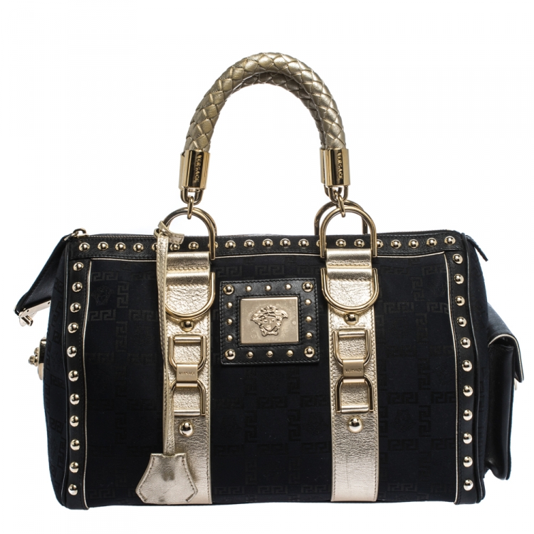 Pre Owned Versace Black/Gold Signature Fabric and Leather Studded Snap Out Of It Satchel 