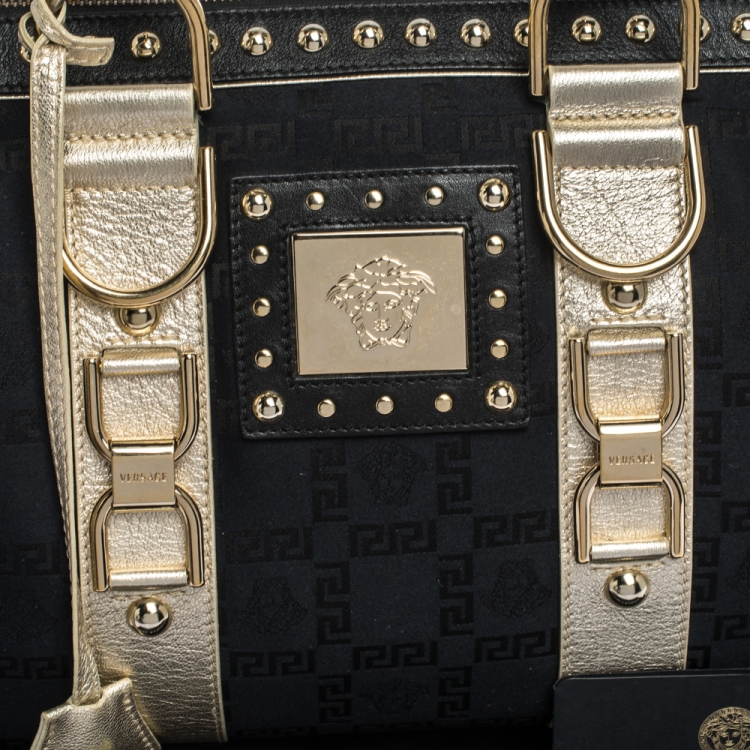Pre Owned Versace Black/Gold Signature Fabric and Leather Studded Snap Out Of It Satchel 