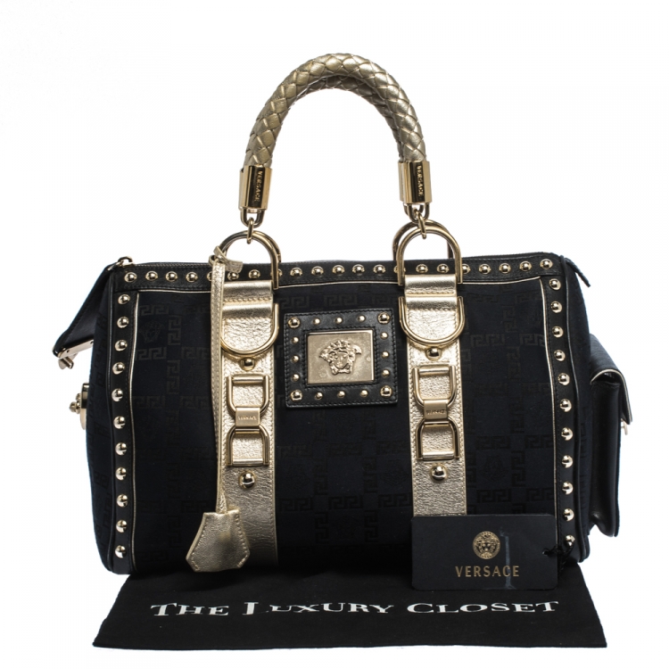 Pre Owned Versace Black/Gold Signature Fabric and Leather Studded Snap Out Of It Satchel 