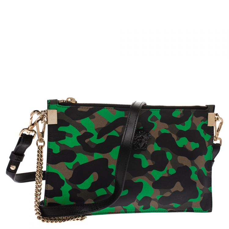Pre Owned Versace Green Camouflage Leather Crossbody Bag