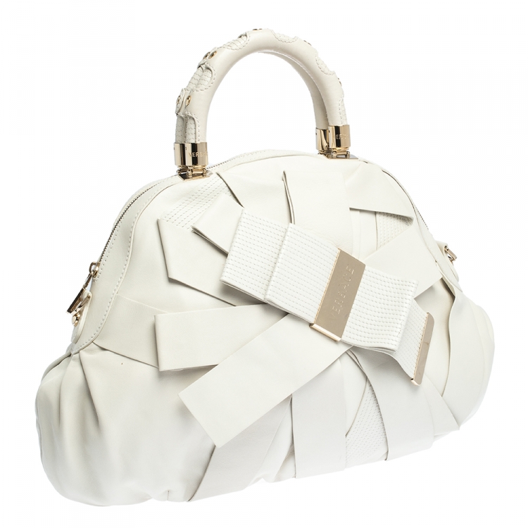 Pre Owned Versace White Leather Venita Bow Satchel 