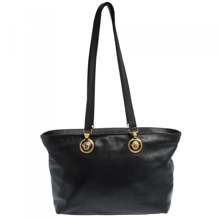 Pre Owned Versace Black Leather Medusa Shopper Tote