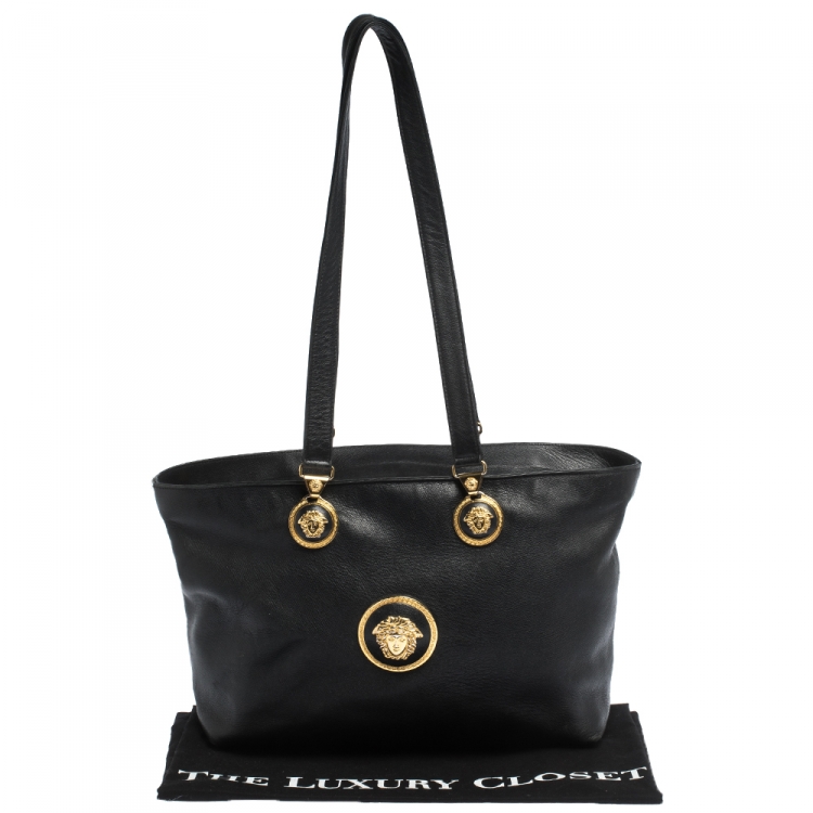 Pre Owned Versace Black Leather Medusa Shopper Tote
