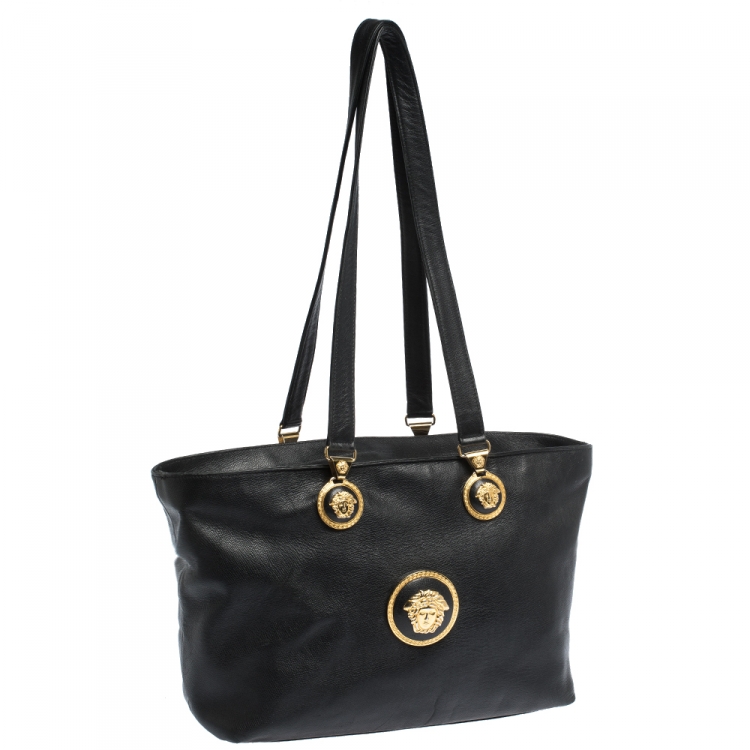 Pre Owned Versace Black Leather Medusa Shopper Tote
