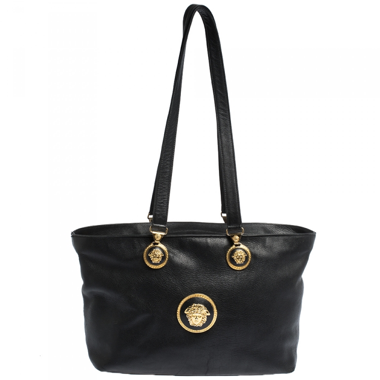 Pre Owned Versace Black Leather Medusa Shopper Tote