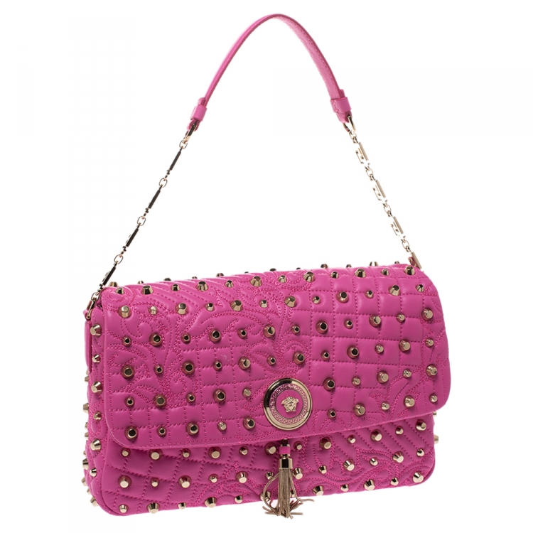 Pre Owned Versace Pink Leather Studded Tassel Vanitas Medea Shoulder Bag